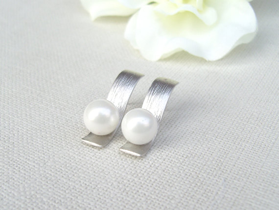 Hochzeit - Bridal Pearl Stud Earrings, White Gold Plated Matte Rectangle Slide Ear Posts, Sterling Silver Post, Wedding Earrings, Bridesmaid Gift
