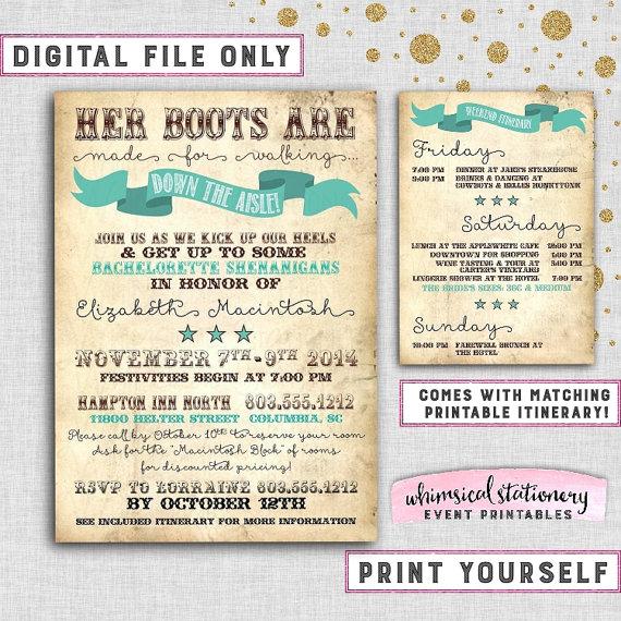 زفاف - Bachelorette Party Weekend Invitation & Itinerary "Boots For Walking" Collection (Printable File Only) Wedding Country Rustic Bride