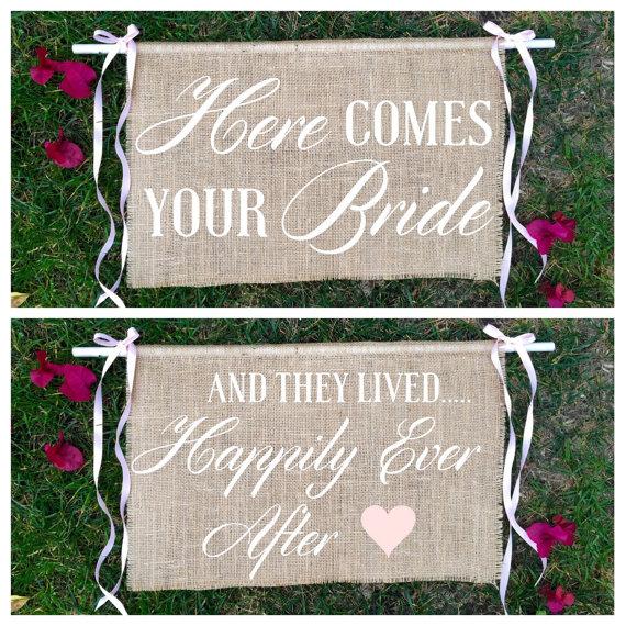 زفاف - Double sided, Here comes your bride, and they lived happily ever after burlap ring bearer sign with ribbons