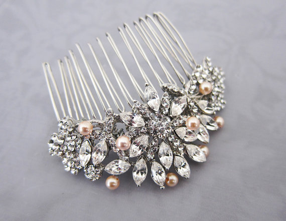Hochzeit - Vintage Style Pearl Crystal Hair comb, 1920s Flower Blush Pearl Bridal haircomb, Vintage Wedding Hair comb - 'SIENA'