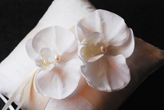 Wedding - Ring Bearer Pillow - Light Ivory Silk Pillow with Cream Ribbon and Orchids - Mariko
