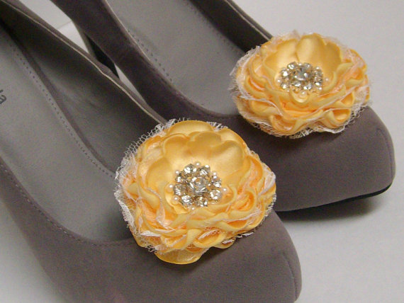 Hochzeit - Yellow Wedding flower Shoe Clips / Bridal Accessories / Set of 2 .