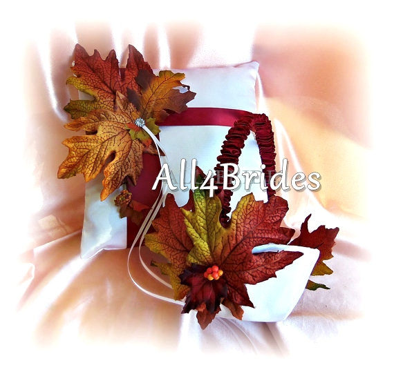 Свадьба - Fall leaf wedding ring bearer pillow and flower girl basket, burgundy and burnt orange Fall Autumn weddings decor