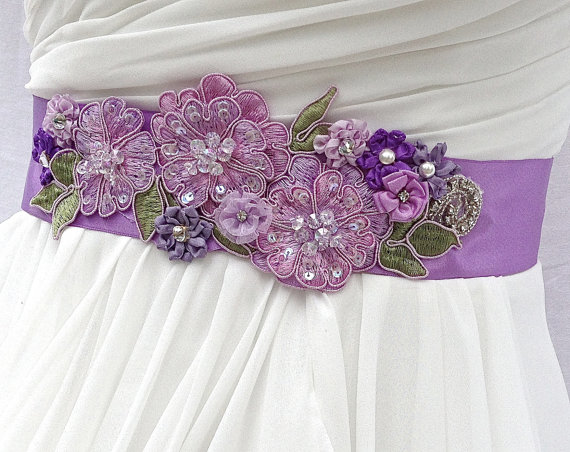 زفاف - Bridal Sash-Wedding Sash in Lilac, Orchid And Moss With Beaded Embroidery, Bridal Belt, Wedding Dress Sash