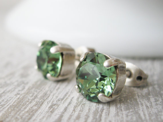 Hochzeit - Green Stud Earrings, Erinite, Green Wedding, Bridesmaid Earrings, Post Earrings, Rhinestone Studs, Simple Classic Jewellery