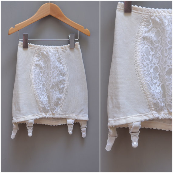 زفاف - Vintage Girdle, 1960s off white, open bottom, Slim line girdle with suspenders attached, Pretty front lace panel, Eros, Small / Extra Small
