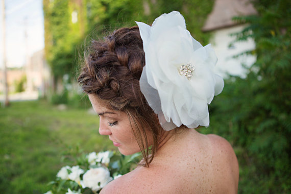 Wedding - Large Ivory Organza Flower Headpiece , Wedding Hair Accessory - Delphine