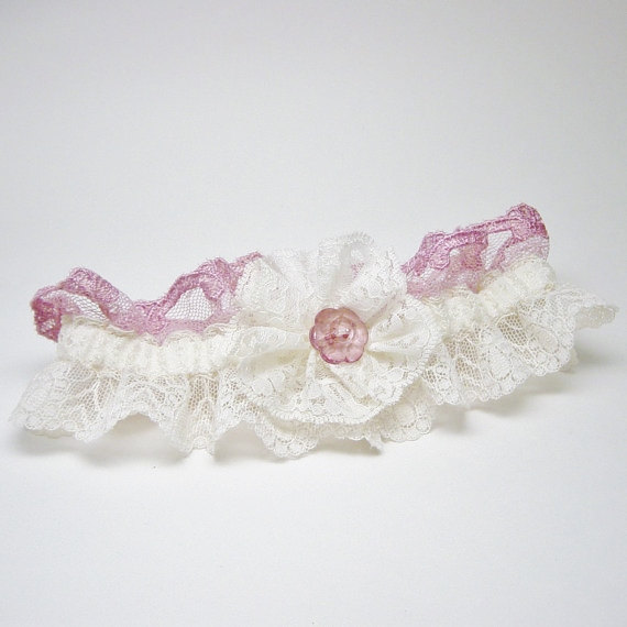 Hochzeit - Lace Wedding Garter, Vintage Lace, Ivory, Pink, Lace Flower with Pink Button