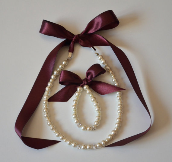 Mariage - Plum flower girl jewelry set adjustable necklace and stretchy bracelet with swarovski crystal balls wedding jewelry  flower girl