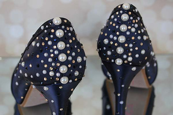 زفاف - Custom Wedding Shoes -- Navy Blue Platform Peep Toe Wedding Shoes with Navy and Gold Crystal and Pearl Starburst