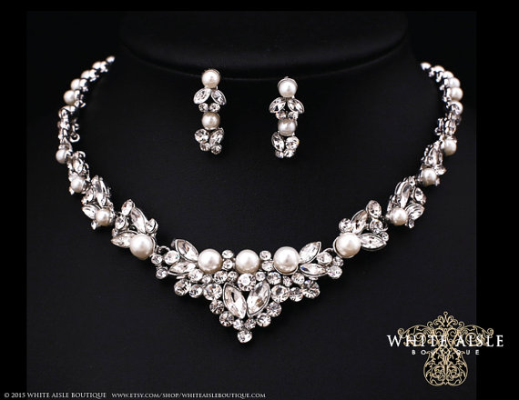 زفاف - Pearl Statement Necklace, Wedding Jewelry Set, Vintage Inspired Bridal Necklace, Crystal Necklace, Chunky Necklace