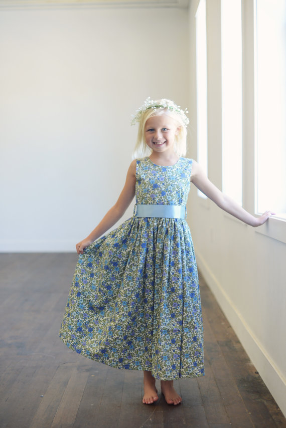 زفاف - Blue floral print flower girl dress