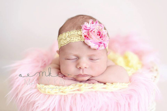 زفاف - Baby Headband, Pink headband, Yellow baby headband, Flower Headband, Baby Bow, Hair Accessories, Infant headband