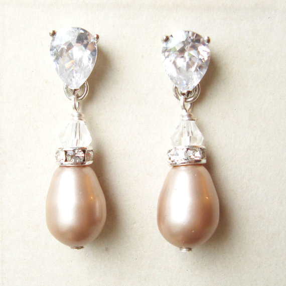 زفاف - CHAMPAGNE Pearl Bridal Earrings, Modern Vintage STERLING SILVER Bridal Wedding Earrings, Champagne Pearls, Champagne Pearl Earrings