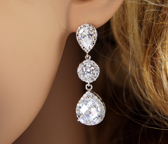 Hochzeit - Haviva -  Luxe Cubic Zirconia Teardrop Earrings, Bridal Earrings, Silver Bridesmaid Earrings, gifts for her, Wedding Bridal Jewelry