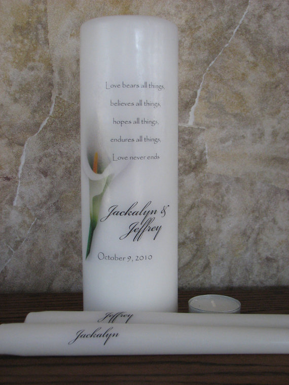 Wedding - Everlasting Calla Lily Wedding Unity Candle 3 piece Set - WHITE candle with Tealight Insert