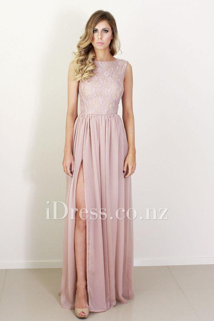 Hochzeit - Lace and Chiffon Sleeveless Boat Neck Long Formal Evening Dress with Slit