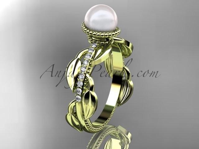 Hochzeit - 14kt yellow gold diamond pearl, leaf and vine engagement ring AP231