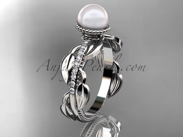 Свадьба - 14kt white gold diamond pearl, leaf and vine engagement ring AP231