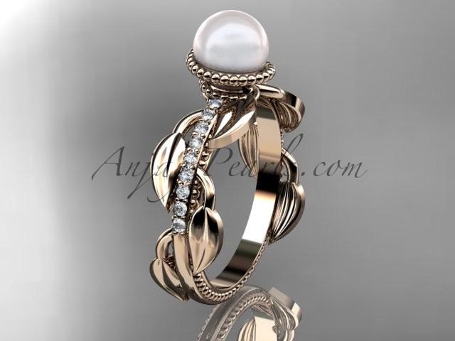 Wedding - 14kt rose gold diamond pearl, leaf and vine engagement ring AP231