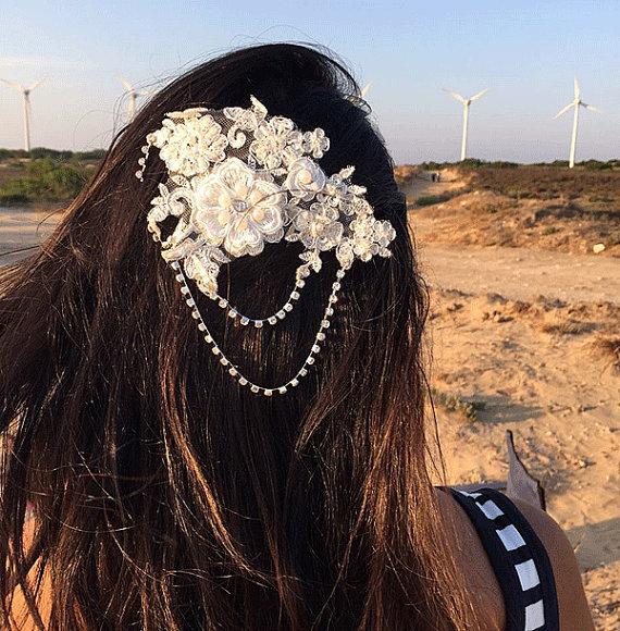 Wedding - Ivory lace Comb, Bridal Hair Accessories, Wedding Hair Jewelry, Wedding Head comb, lace pearl Hair Comb, Bridal Hair, rhistone lace comb