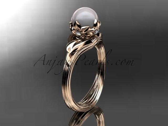 Hochzeit - 14kt rose gold diamond pearl flower, leaf and vine engagement ring AP240