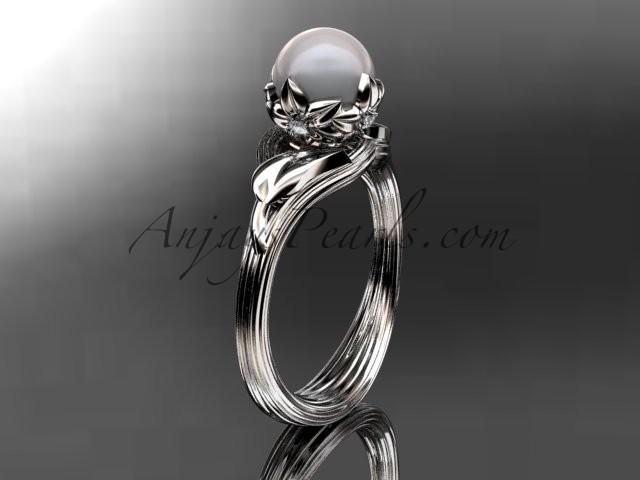 Wedding - 14kt white gold diamond pearl flower, leaf and vine engagement ring AP240
