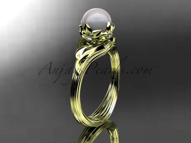 زفاف - 14kt yellow gold diamond pearl flower, leaf and vine engagement ring AP240