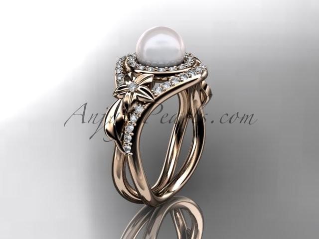 Wedding - Unique 14kt rose gold diamond pearl floral leaf and vine engagement ring AP245