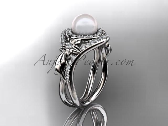 زفاف - Unique 14kt white gold diamond pearl floral leaf and vine engagement ring AP245
