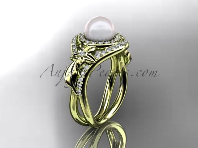 Hochzeit - Unique 14kt yellow gold diamond pearl floral leaf and vine engagement ring AP245