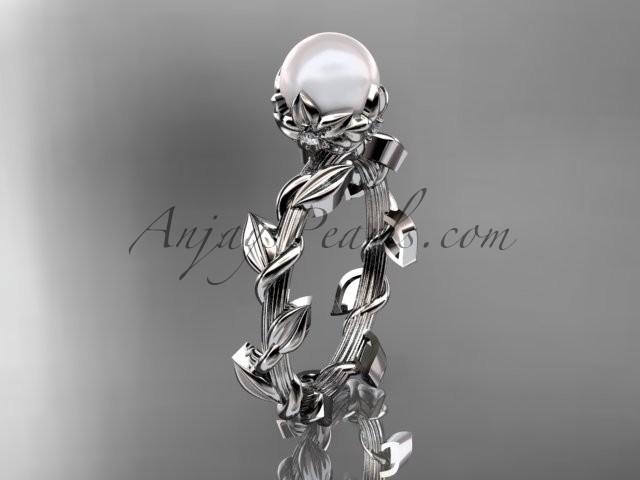 زفاف - Unique platinum diamond pearl leaf and vine engagement ring AP248