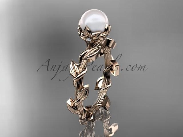 Hochzeit - Unique 14kt rose gold diamond pearl leaf and vine engagement ring AP248