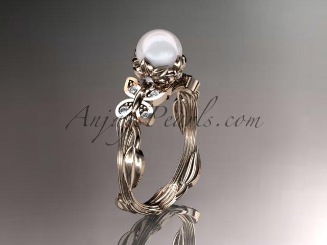 Wedding - 14kt rose gold diamond pearl leaf and vine engagement ring AP251