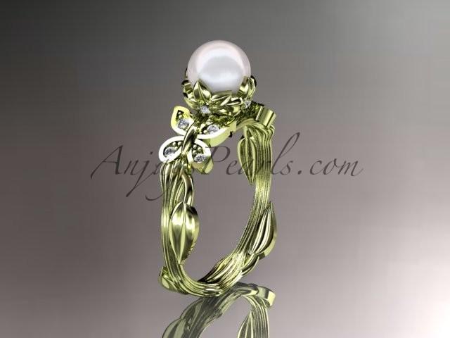 Свадьба - 14kt yellow gold diamond pearl leaf and vine engagement ring AP251