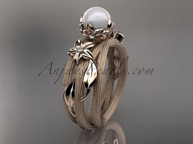 Wedding - Unique 14kt rose gold diamond leaf and vine pearl engagement ring AP253