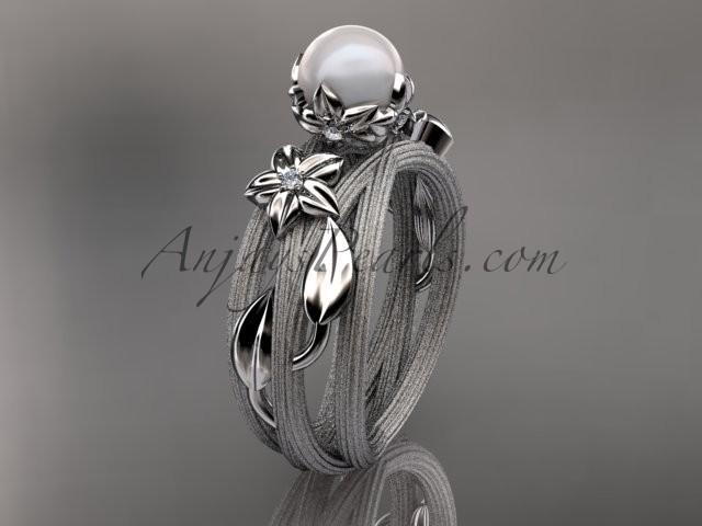 Hochzeit - Unique 14kt white gold diamond leaf and vine pearl engagement ring AP253