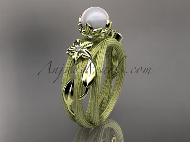 Hochzeit - Unique 14kt yellow gold diamond leaf and vine pearl engagement ring AP253