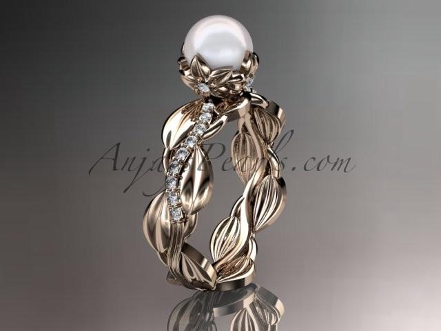 زفاف - Unique 14kt rose gold diamond leaf and vine pearl engagement ring AP258