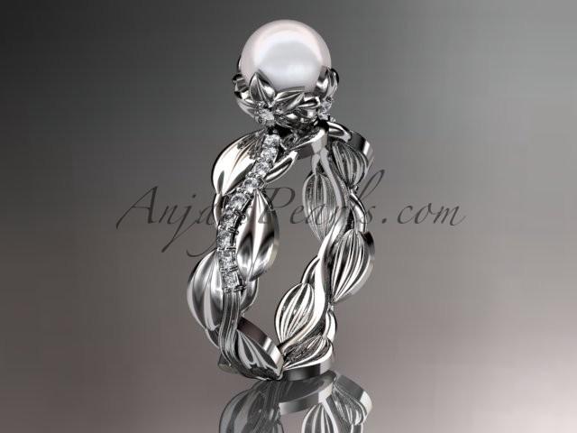 Hochzeit - Unique 14kt white gold diamond leaf and vine pearl engagement ring AP258