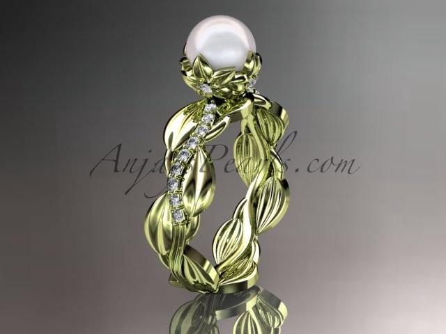 زفاف - Unique 14kt yellow gold diamond leaf and vine pearl engagement ring AP258