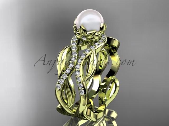 Hochzeit - Unique 14kt yellow gold diamond pearl floral leaf and vine engagement set AP264