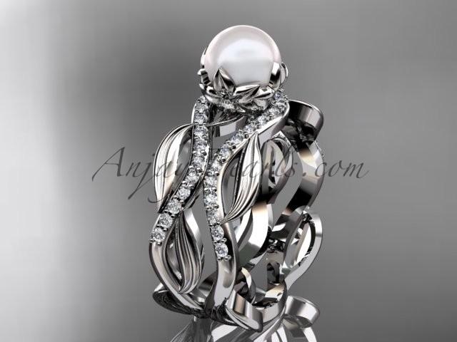 Mariage - Unique platinum diamond pearl floral leaf and vine engagement set AP264