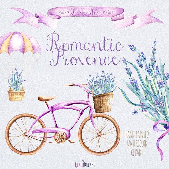 Mariage - Vintage Bicycle with Lavender Bouquet, Parachute, Banner. Flower Basket. Wedding invitation clipart , Romantic Provence, DIY invite