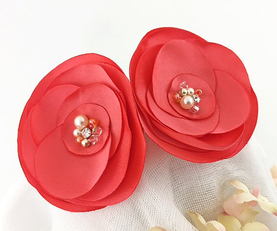 Mariage - Coral Satin Flower Bead Embellished Hair Clips Shoe Clip Brooch for a Bride, Bridesmaid, Flower Girl, Special Occasion, Photo Prop - Tara