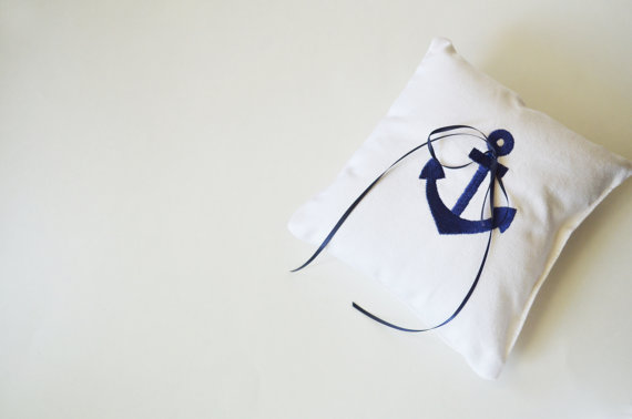 Wedding - Ring Bearer Pillow Wedding Bride Embroidered Anchor Nautical Wedding