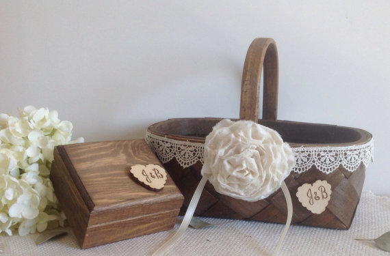 Wedding - Flower girl basket and ring bearer box with wedding ring pillow, rustic wood and lace trim
