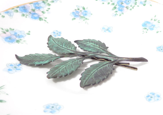Hochzeit - Verdigris Leaf Branch Hair Pin - Woodland Collection - Whimsical - Nature - Bridal