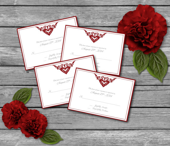 زفاف - Editable Wedding RSVP Response Card Template -Red Floral - Word Document - DIY - Printable