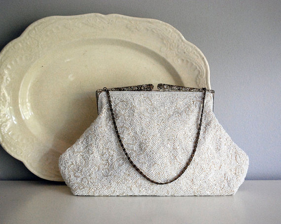 Mariage - 1940s White Beaded Purse Formal Clutch Wedding Purse Evening Bag Ming Arts Hong Kong Accessories Cottage Chic Decor Small Vintage Handbag